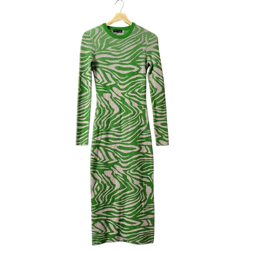 Stine Goya Chiara Knit Midi Dress Pastel Green Abstract Print Ribbed‎ Size XXS